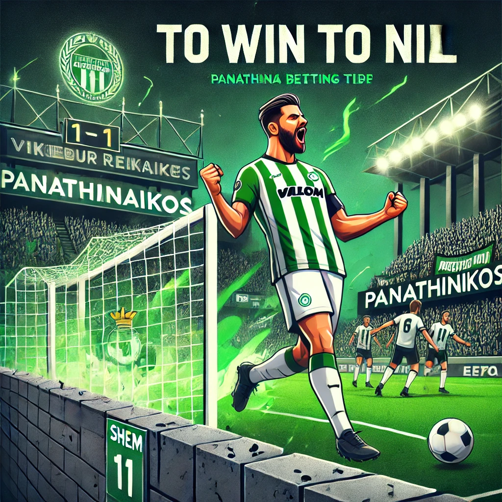 Sports betting tip for UEFA Conference League: Panathinaikos to Win to Nil. Panathinaikos player celebrating, defensive wall blocking a shot, clean sheet icon, and an electric stadium atmosphere.