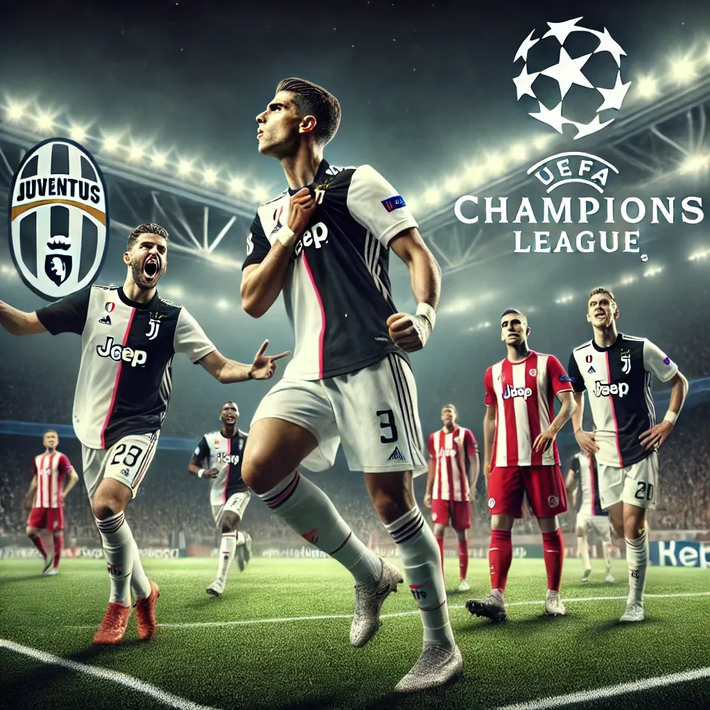 Juventus vs PSV Champions League match – Juventus players celebrating a goal while PSV players look disappointed. Champions League home advantage betting tip favoring Juventus to win to nil.